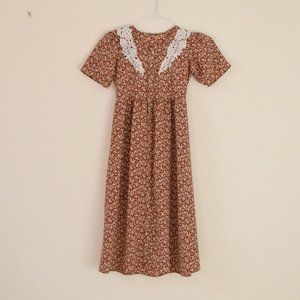 Vintage Red Floral Prairie Floral Lace Embellished Midi Dress | Size XS